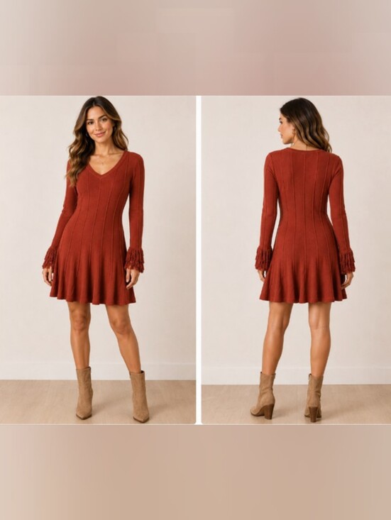 Nina Leonard Dresses & Skirts - Nina Leonard Rust Knit Fit-and-Flare Dress with Fringe Sleeves